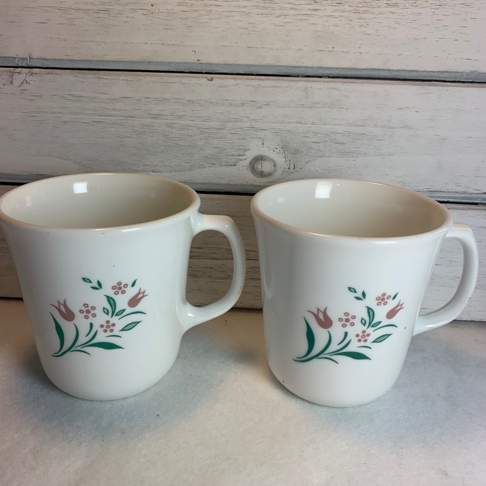 Vintage Corning Ware Floral Mug Duo‎ – White Coffee Cups, Pink Flowers, USA Made